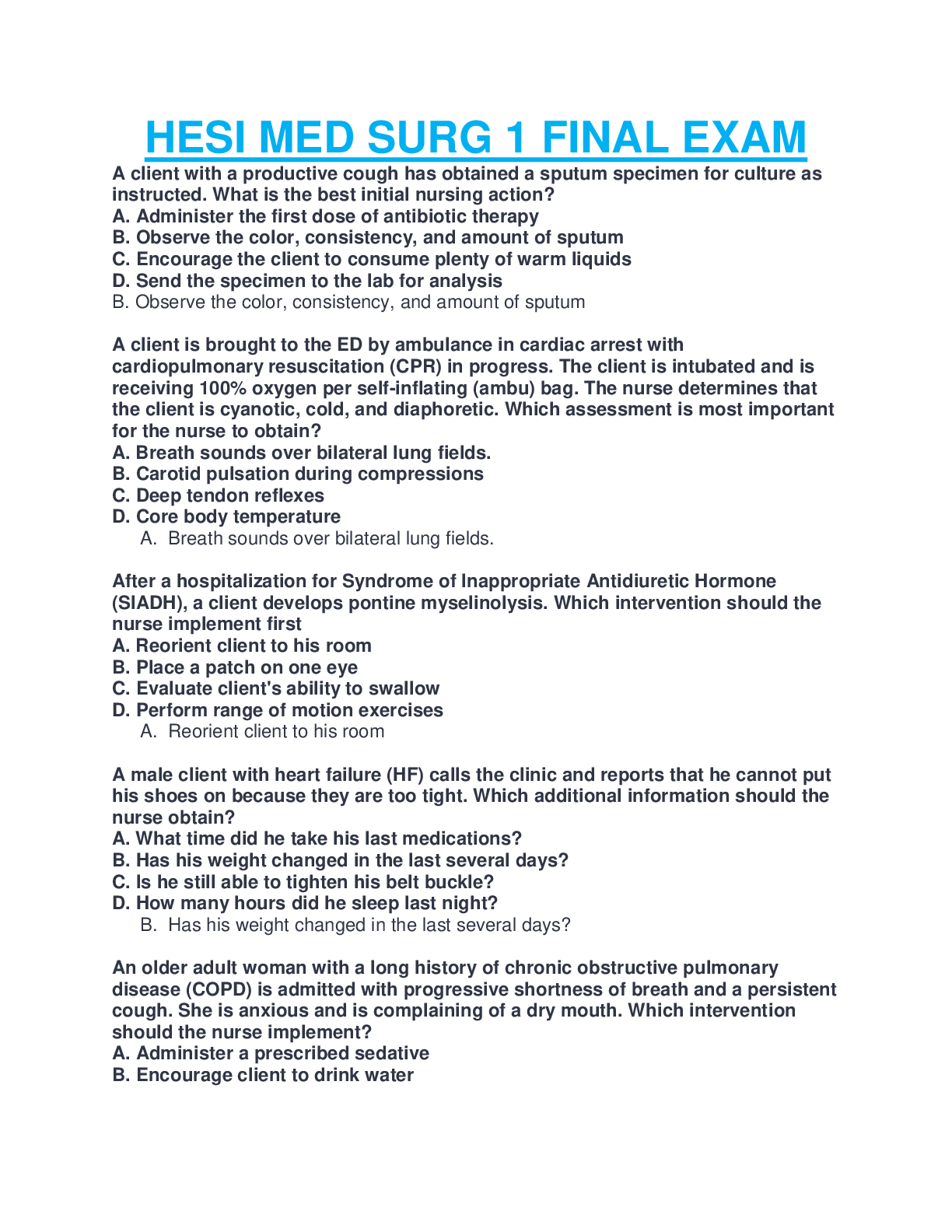 Preview image for HESI MES SURG 1 FINAL EXAM NEW UPDATED SOLUTION GUIDE SOLUTION RATED AND GRADED A